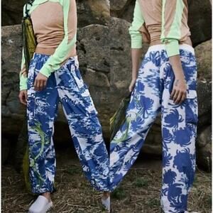 NWT Free People FP Movement Color Burst Embroidered Hike Pants Small Blue White